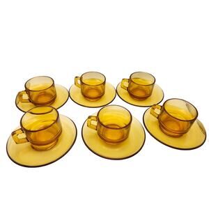 Vintage French Amber Glass Espresso Set of 6, Demitasse Cups and Saucers